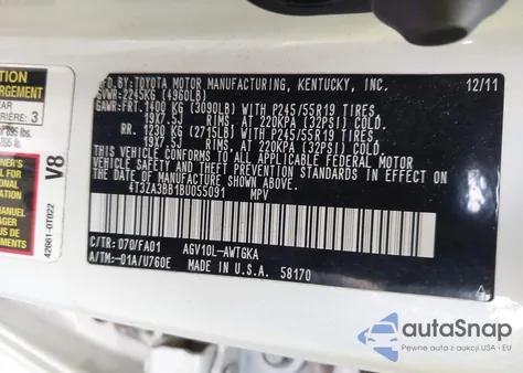 2011 Toyota Venza z USA, uszkodzony, nr VIN 4T3ZA3BB1BU055091